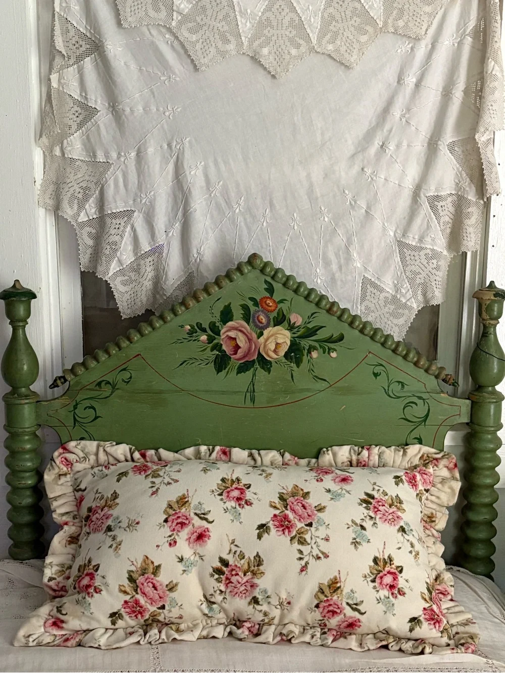 Floral Ruffle Accent Pillow in Cream and Pink